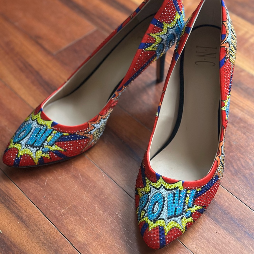 INC International Concepts Red and Blue Comic Print Heels